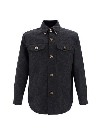 Versace Barocco-jacquard Cotton Shirt Jacket In Anthracite