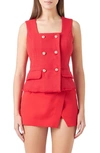 Endless Rose Fringe Double Breasted Sleeveless Tweed Top In Red