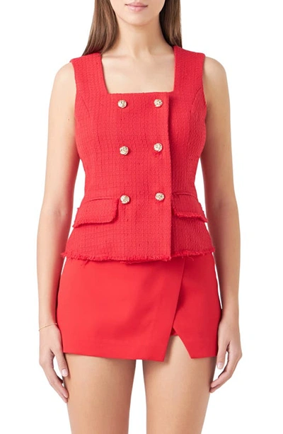 Endless Rose Fringe Double Breasted Sleeveless Tweed Top In Red
