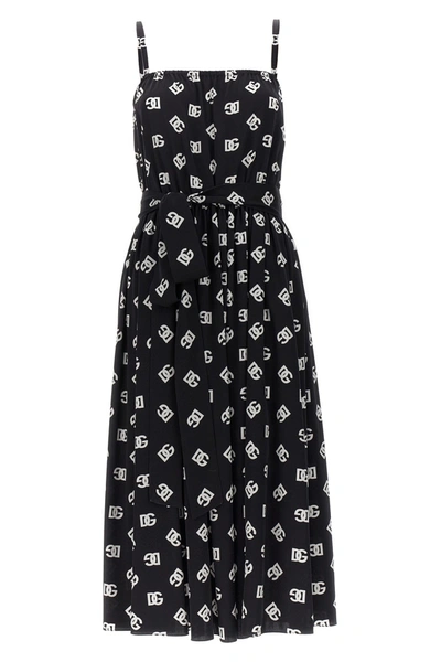 Dolce & Gabbana Charmeuse Calf-length Dress With All-over Dg Logo Print In Multicolor