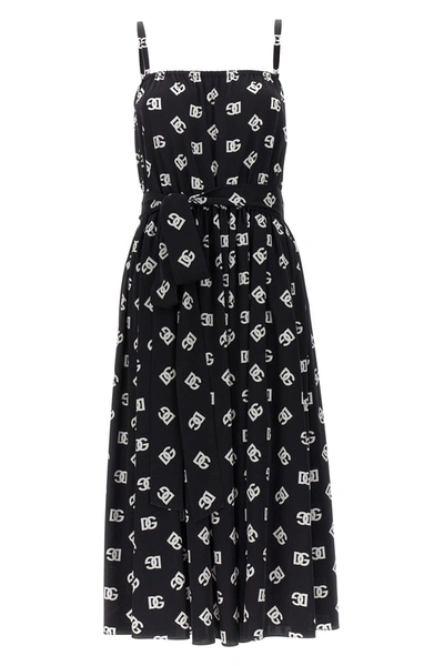 Dolce & Gabbana Printed Waist Belted Dress With Pleated Skirt In Multicolor