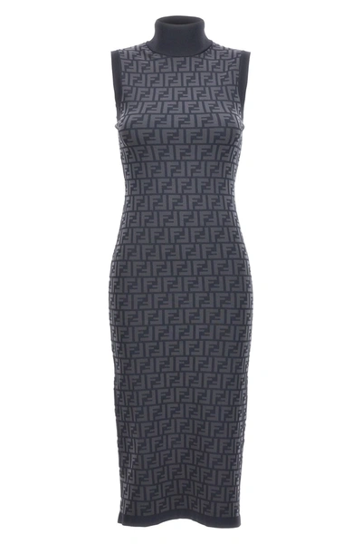 Fendi Ff-intarsia Knit Ribbed-knit Midi Dress In Blue