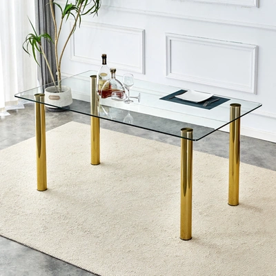 Simplie Fun A Modern Minimalist Style Glass Dining Table. Transparent Tempered Glass Tabletop In Gold