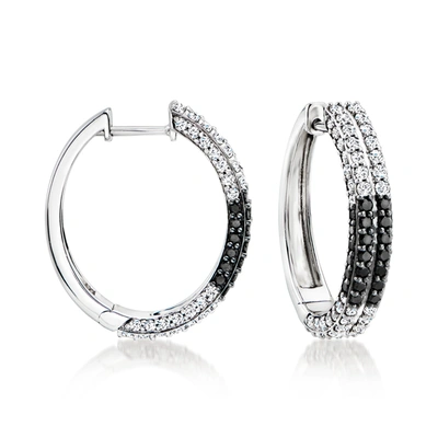 Ross-simons White And Black Diamond Checkered Hoop Earrings In Sterling Silver
