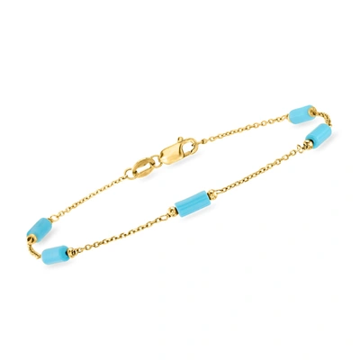 Ross-simons Italian Simulated Turquoise Bead Station Bracelet In 18kt Yellow Gold In Blue
