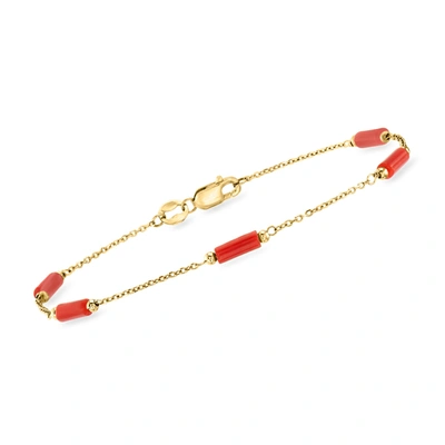Ross-simons Italian Red Coral Bead Station Bracelet In 18kt Yellow Gold