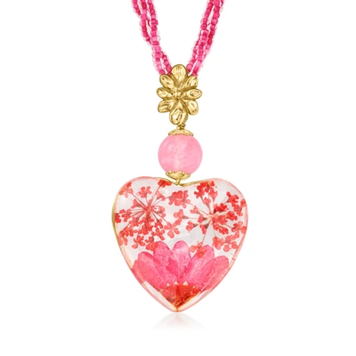 Ross-simons Italian Rose Quartz Bead And Glass Heart Necklace With Dried Flowers In 18kt Gold Over Sterling In Pink