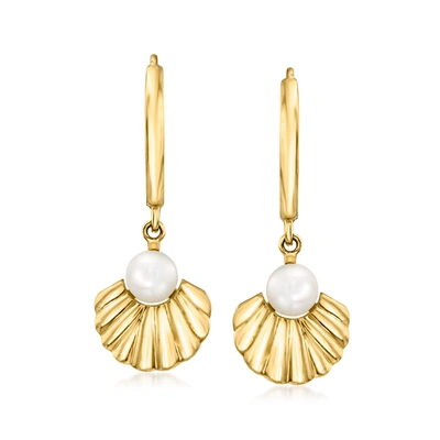 Ross-simons 4-4.5mm Cultured Pearl Seashell Hoop Drop Earrings In 14kt Yellow Gold