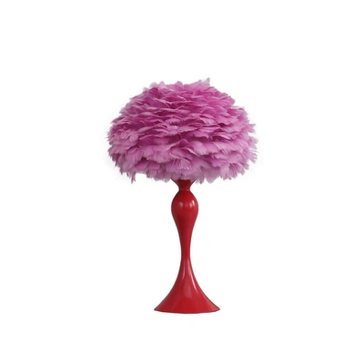 Simplie Fun 18.25"in Medium Pink Feather Aquina Glaze Red Metal Contour Glam Table Lamp In Multi
