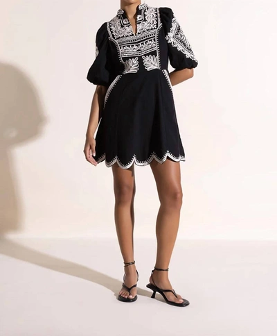 Scarlett Poppies Tape Embroidered Statement Sleeve Fitted Dress In Onyx Black
