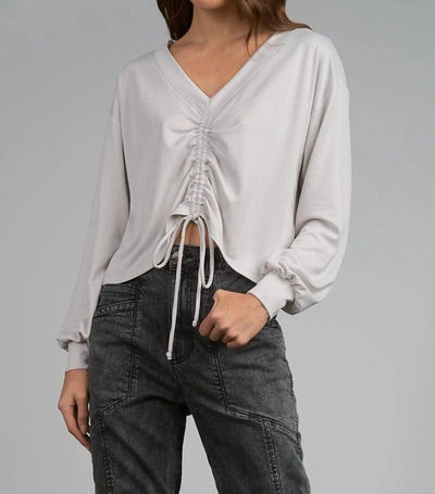 Elan V-neck Long Sleeve Cinched Front Top In Stone In White
