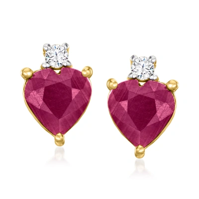 Ross-simons Ruby Heart Earrings With Diamond Accents In 14kt Yellow Gold In Red