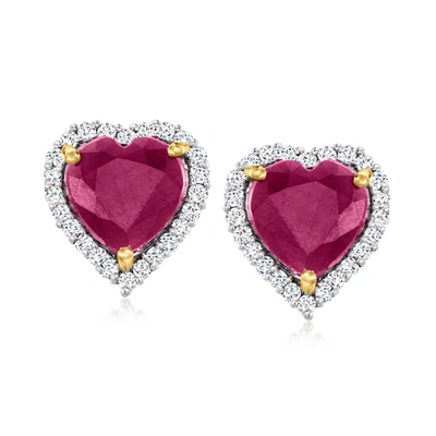 Ross-simons Ruby And . Diamond Heart Stud Earrings In 14kt Yellow Gold In Red