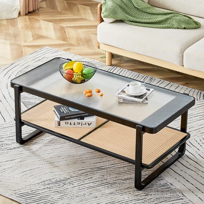 Simplie Fun Modern Minimalist Rectangular Double Layer Black Solid Wood Imitation Rattan Coffee Table In Blue