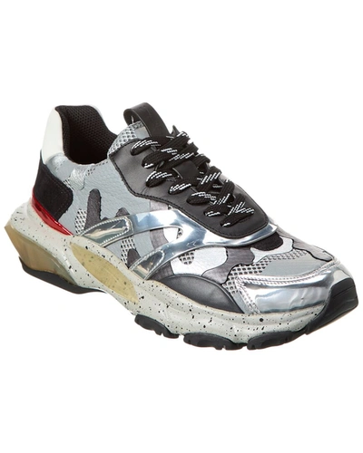 Valentino Garavani Leather & Mesh Sneaker In Silver