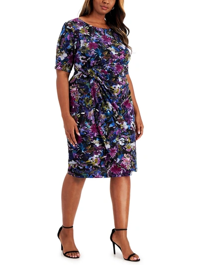 Connected Apparel Plus Womens Floral Print Knee-length Sheath Dress In Blue