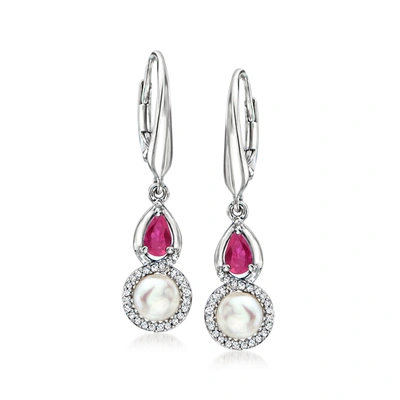 Ross-simons 5-5.5mm Cultured Pearl And . Ruby Drop Earrings With . Diamonds In Sterling Silver In Pink
