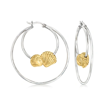Ross-simons Two-tone Sterling Silver Seashell Double-hoop Earrings In Gold