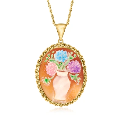 Ross-simons Italian Orange Shell And Multicolored Enamel Hydrangea Cameo Pendant Necklace In 18kt Gold Over Ster In Pink