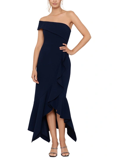 Xscape Womens Crepe One Shoulder Evening Dress In Blue