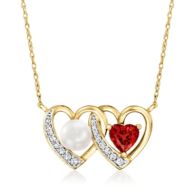 Ross-simons 5-5.5mm Cultured Pearl And . Garnet Heart Necklace With . Diamonds In 14kt Yellow Gold In Red