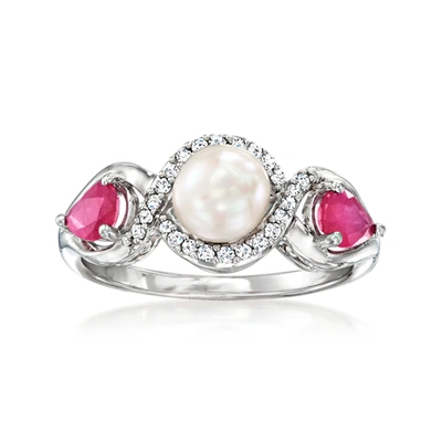 Ross-simons 6-6.5mm Cultured Pearl And Ruby Ring With . Diamonds In Sterling Silver In Pink