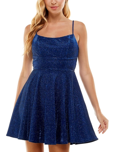 City Studio Juniors Womens Glitter Lace Back Fit & Flare Dress In Blue