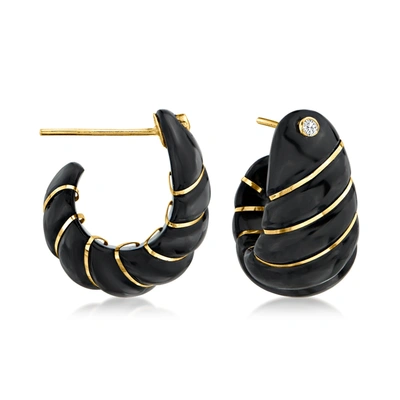 Ross-simons Black Jade And . White Topaz J-hoop Earrings With 14kt Yellow Gold