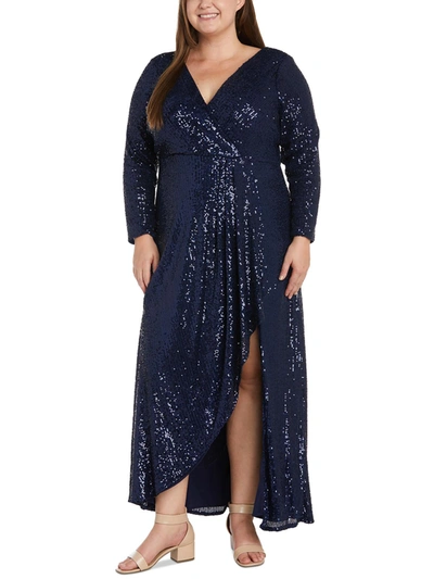 Nw Nightway Plus Womens Mesh Sequined Evening Dress In Blue