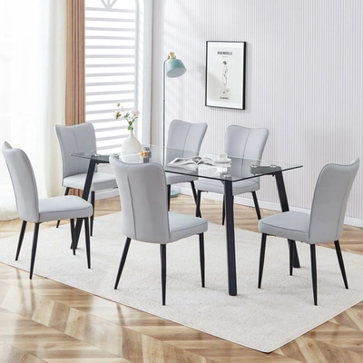 Simplie Fun Table And Chair Set. 1 Table And 4 Light Grey Chairs. Glass Dining Table