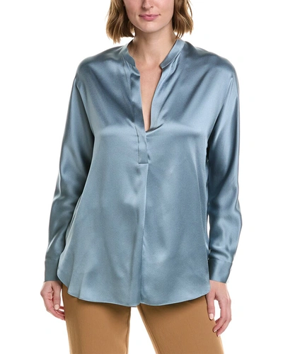 Vince Band Collar Silk Blouse In Blue