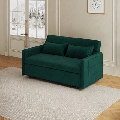 Simplie Fun Sofa Pull Out Bed Included Two Pillows 54" Green Velvet Sofa For Small Spaces