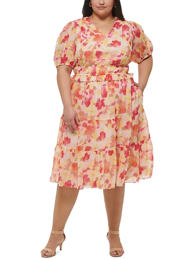 Jessica Howard Plus Womens Chiffon Floral Midi Dress In Multi