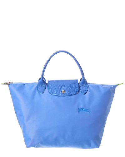 Longchamp Le Pliage Green Medium Canvas & Leather Tote In Blue