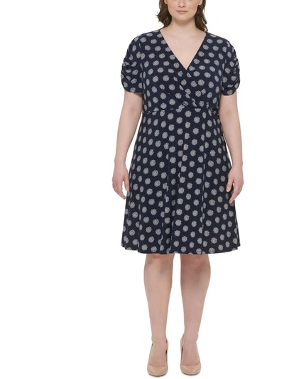 Tommy Hilfiger Plus Womens Medallion Print Tulip Sleeves Wrap Dress In Blue