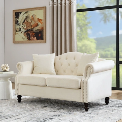 Simplie Fun 57" Chesterfield Sofa Grey Velvet For Living Room In White