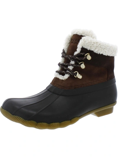 Sperry Saltwater Alpine Womens Faux Fur Lace Up Rain Boots In Brown