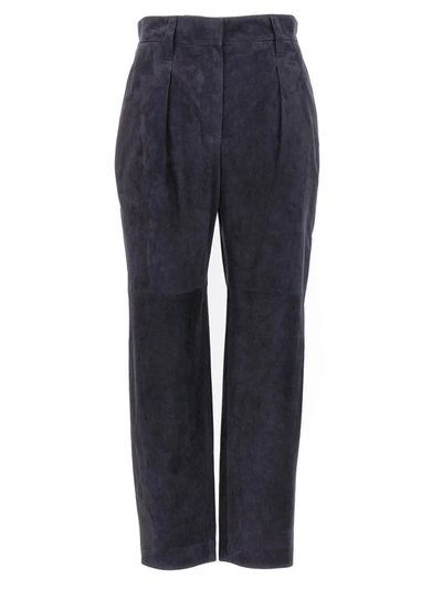 Brunello Cucinelli Pleated Suede Trouser Pants In Blue