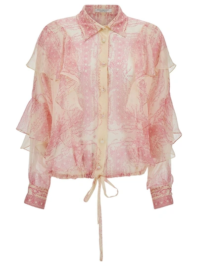 PHILOSOPHY DI LORENZO SERAFINI PINK SHIRT WITH VOLANT AND ALL-OVER PRINT IN SILK WOMAN