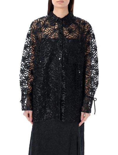 Ganni Perforated-detailing Button-down Shirt In Black