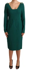 DOLCE & GABBANA DOLCE & GABBANA EMERALD GREEN MIDI SHEATH DRESS WITH CRYSTAL WOMEN'S BROOCH