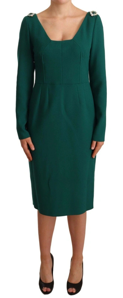 DOLCE & GABBANA DOLCE & GABBANA EMERALD GREEN MIDI SHEATH DRESS WITH CRYSTAL WOMEN'S BROOCH