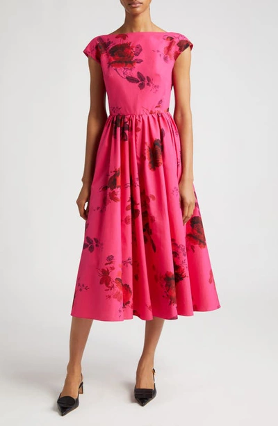 ERDEM FLORAL PRINT PLEATED COTTON FAILLE A-LINE MIDI DRESS