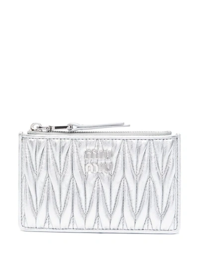 Miu Miu Logo-plaque Matelassé Wallet In Silver