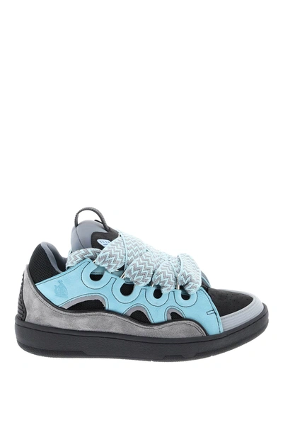 Lanvin Curb Leather Sneakers In 灰色，黑色，浅蓝色