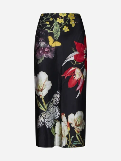 Alice And Olivia Floral Printed Satin Midi Skirt With Rear Zip Fastening In Multicolor