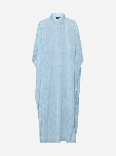 Versace Barocco Print Chiffon Swim Robe In Pale Blue