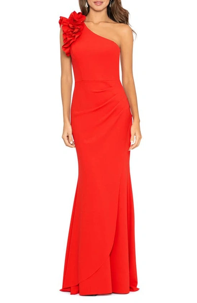 XSCAPE XSCAPE EVENINGS RUFFLE ONE-SHOULDER SCUBA CREPE GOWN