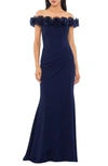 Xscape Womens Off-the-shoulder Ruffled Evening Dress In Navy