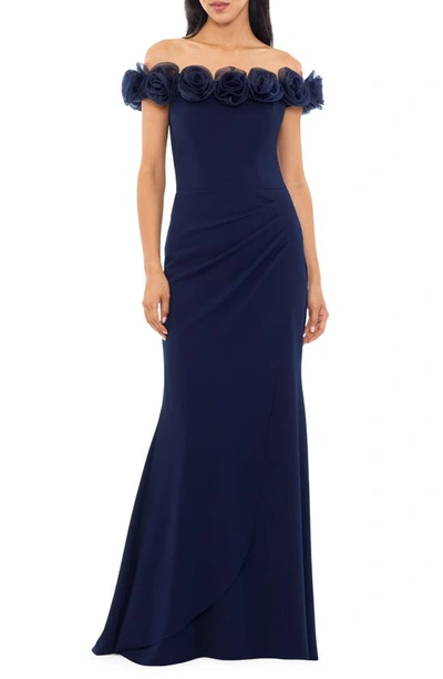 Xscape Floral Appliqué Off The Shoulder Gown In Navy